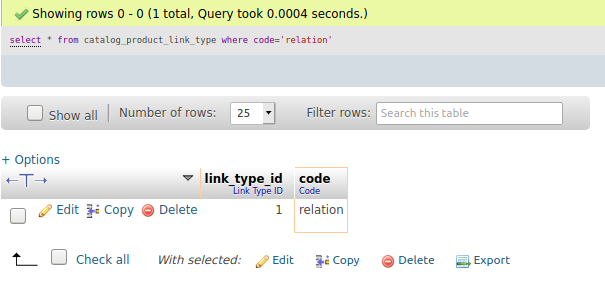 Query to get the related products link type ID in Magento 2 database