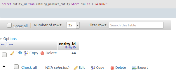 Query to find product IDs by SKU in Magento 2 database