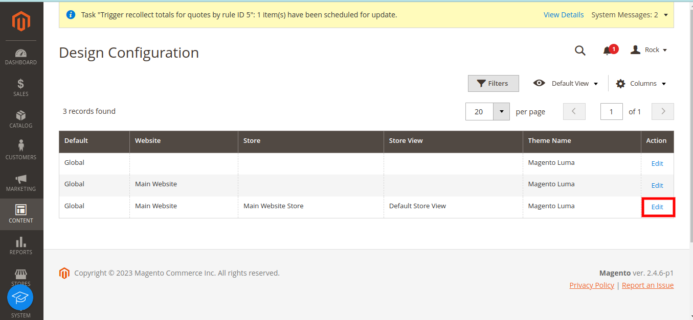 click the Edit button for the store view where you want the new theme Click the Edit button for the store view where you want the new theme.