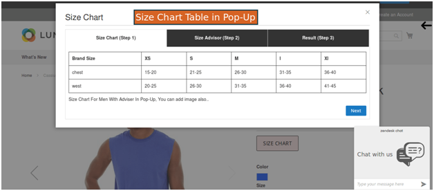 Display Size Chart Table Through A Pop-Up Link