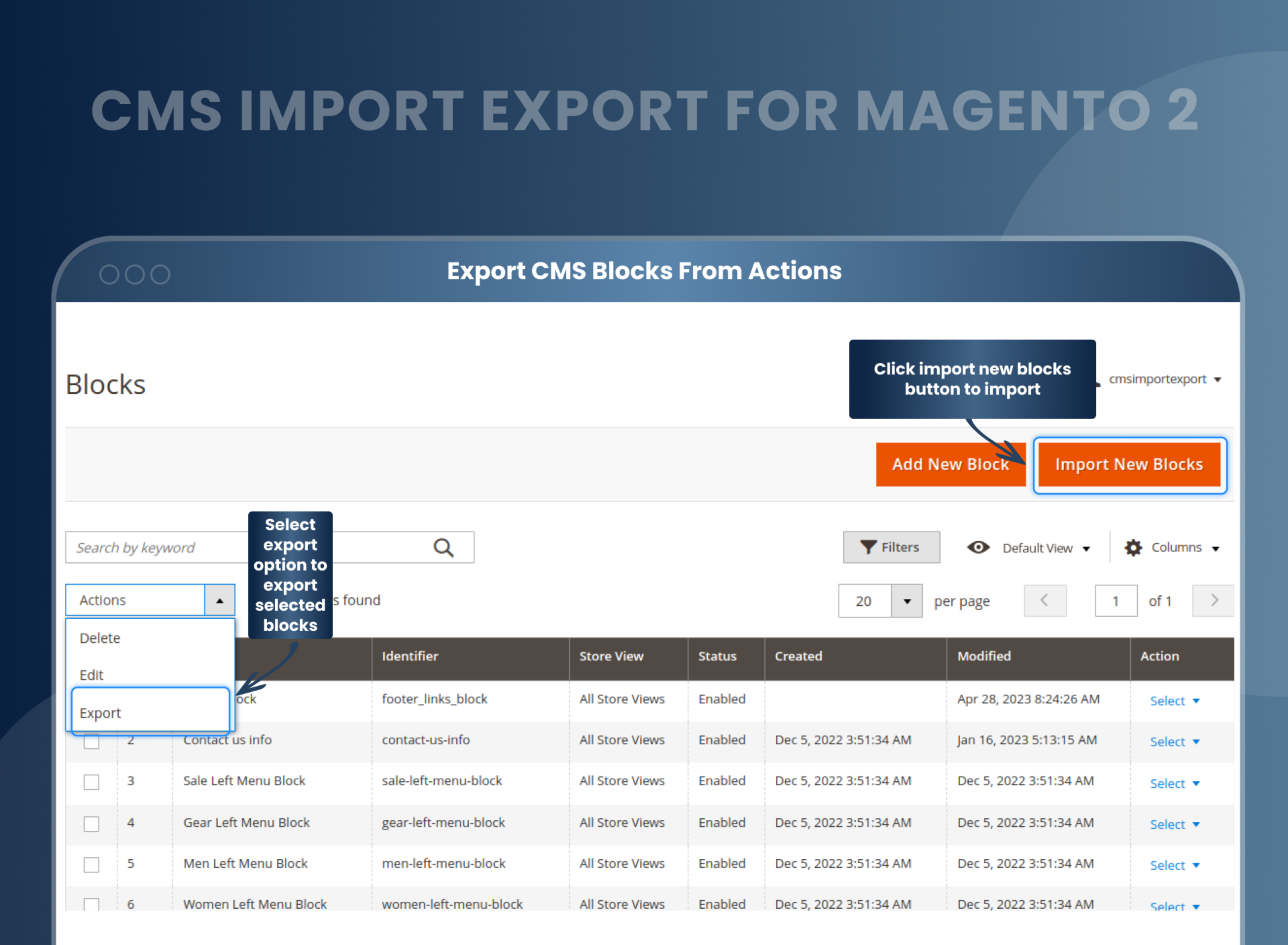 Export CMS Blocks From Actions