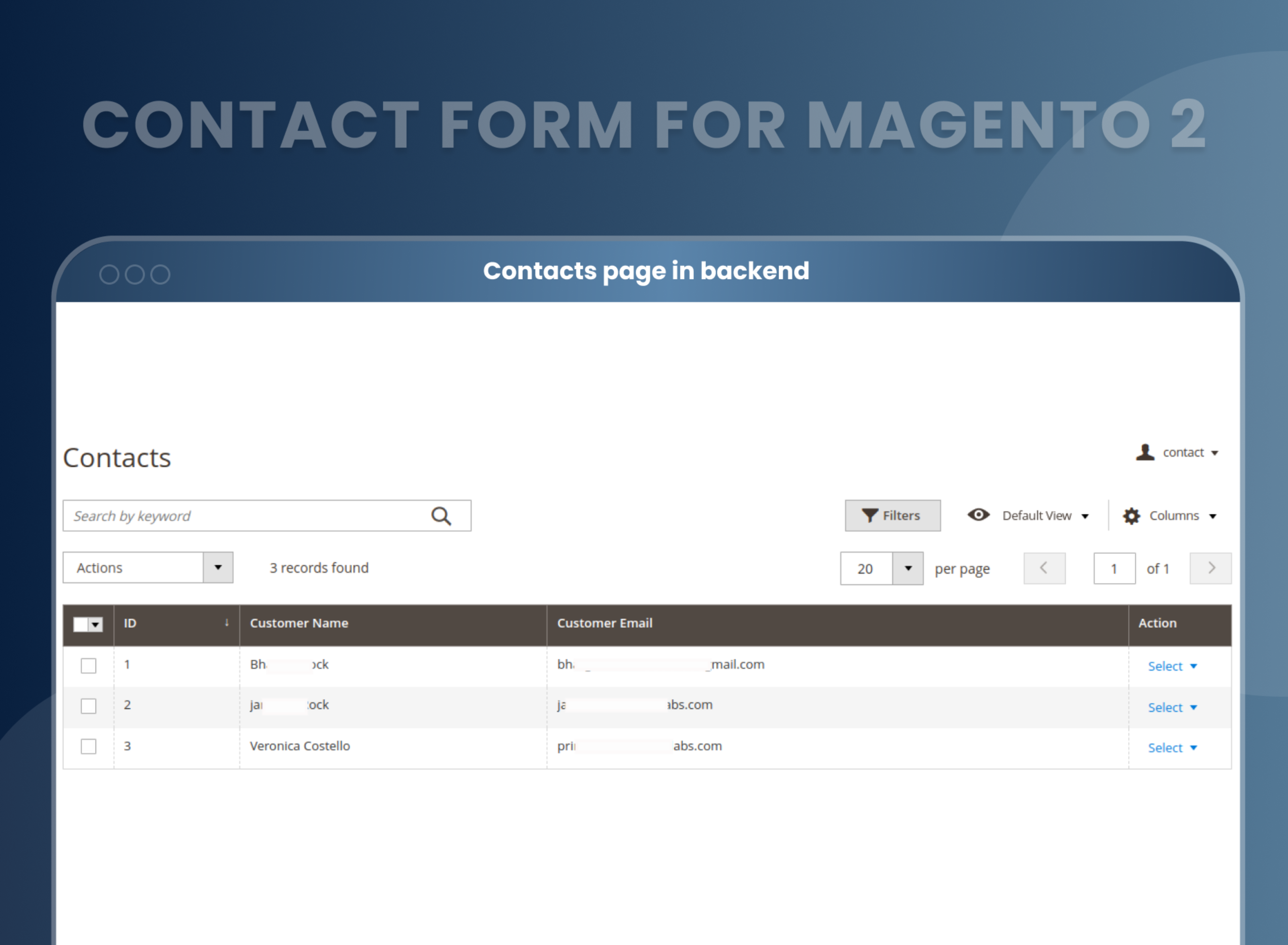 Contacts page in backend