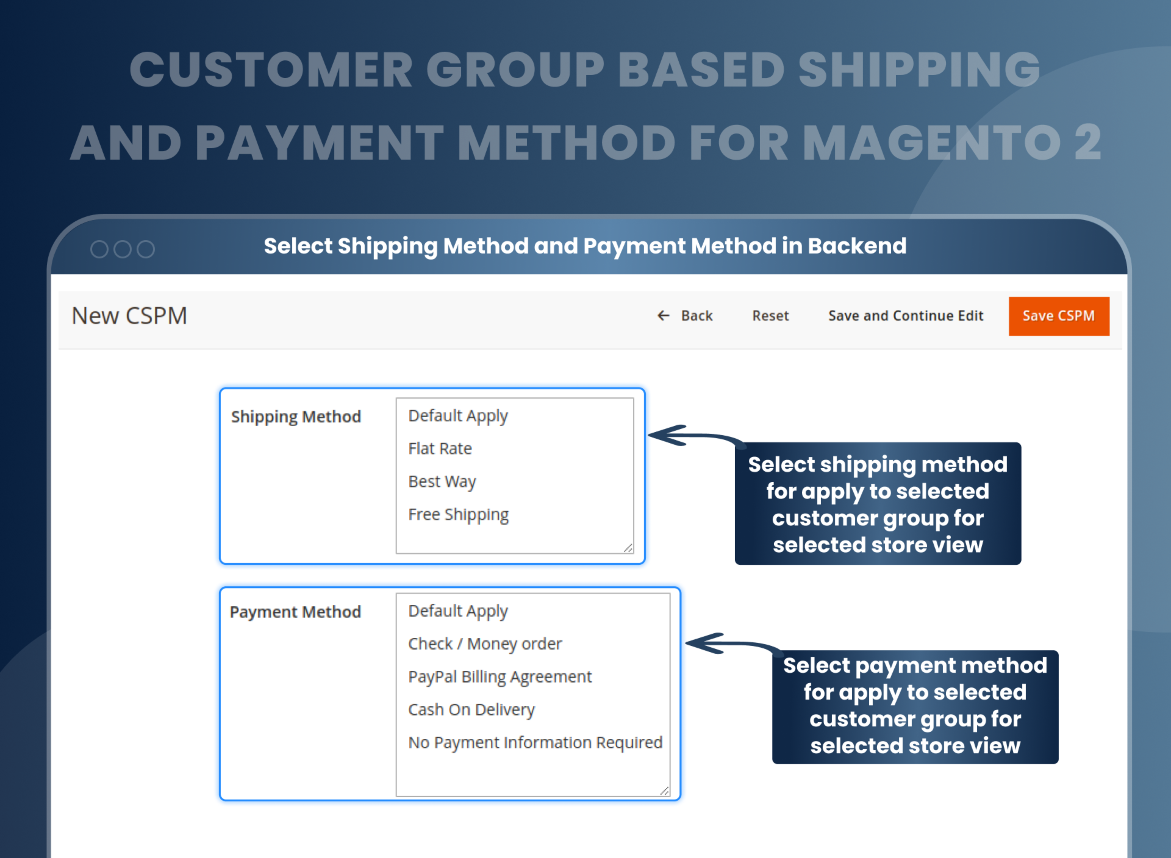 Select Shipping Method and Payment Method in Backend