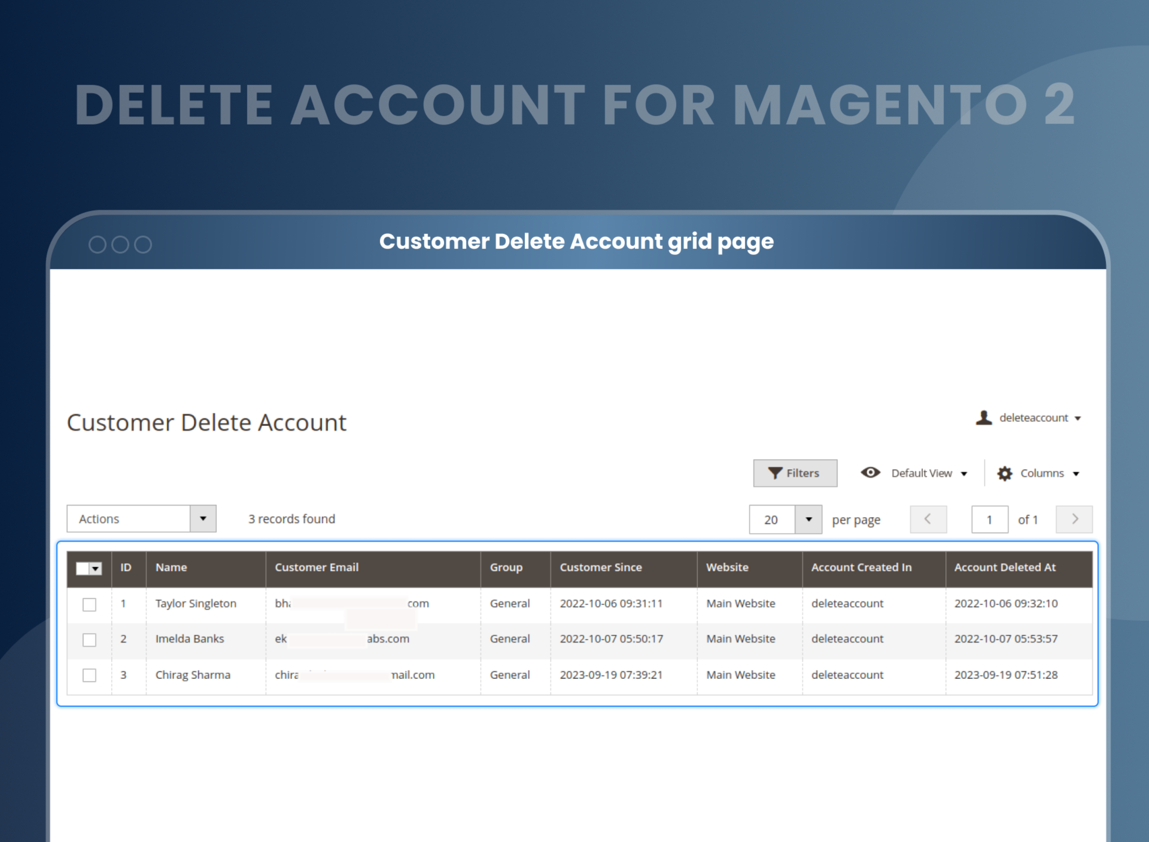 Customer Delete Account grid page