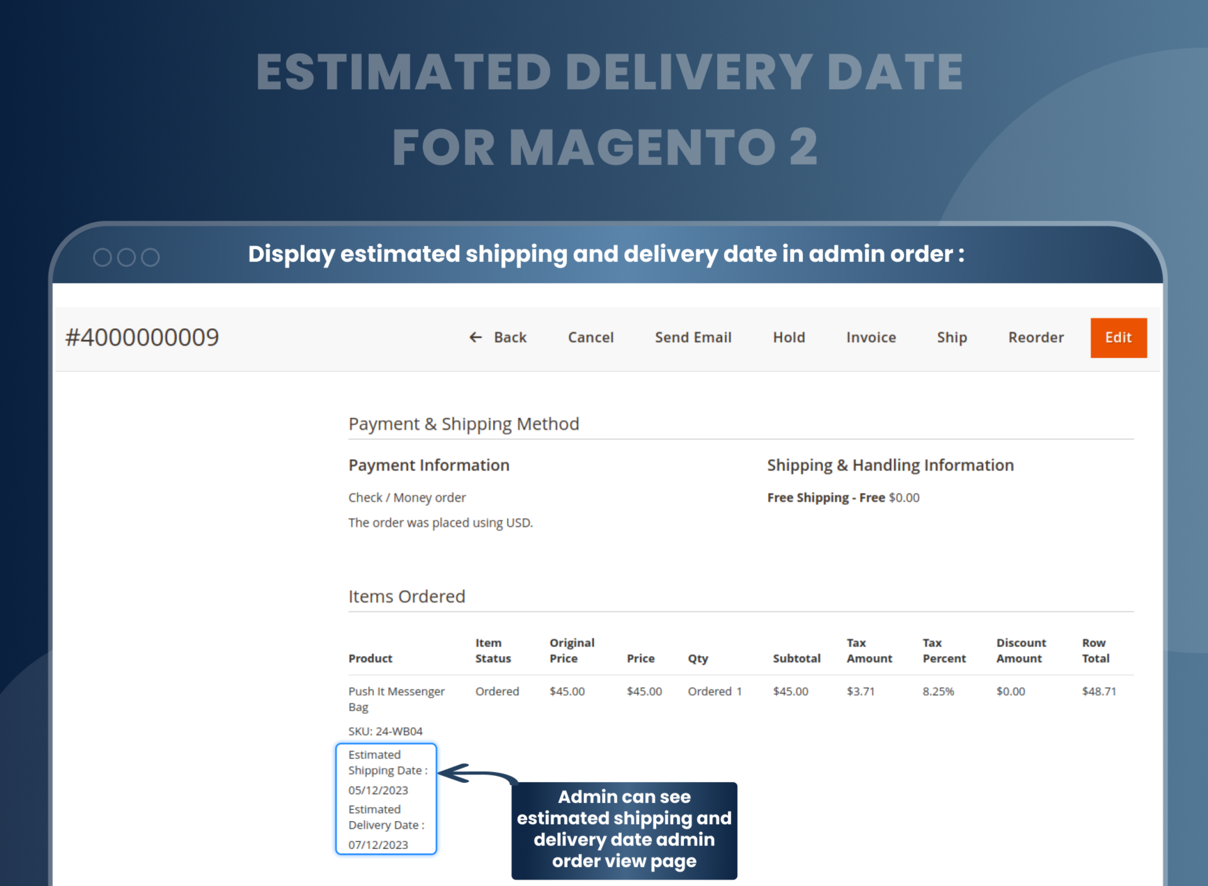 Display estimated shipping and delivery date in admin order