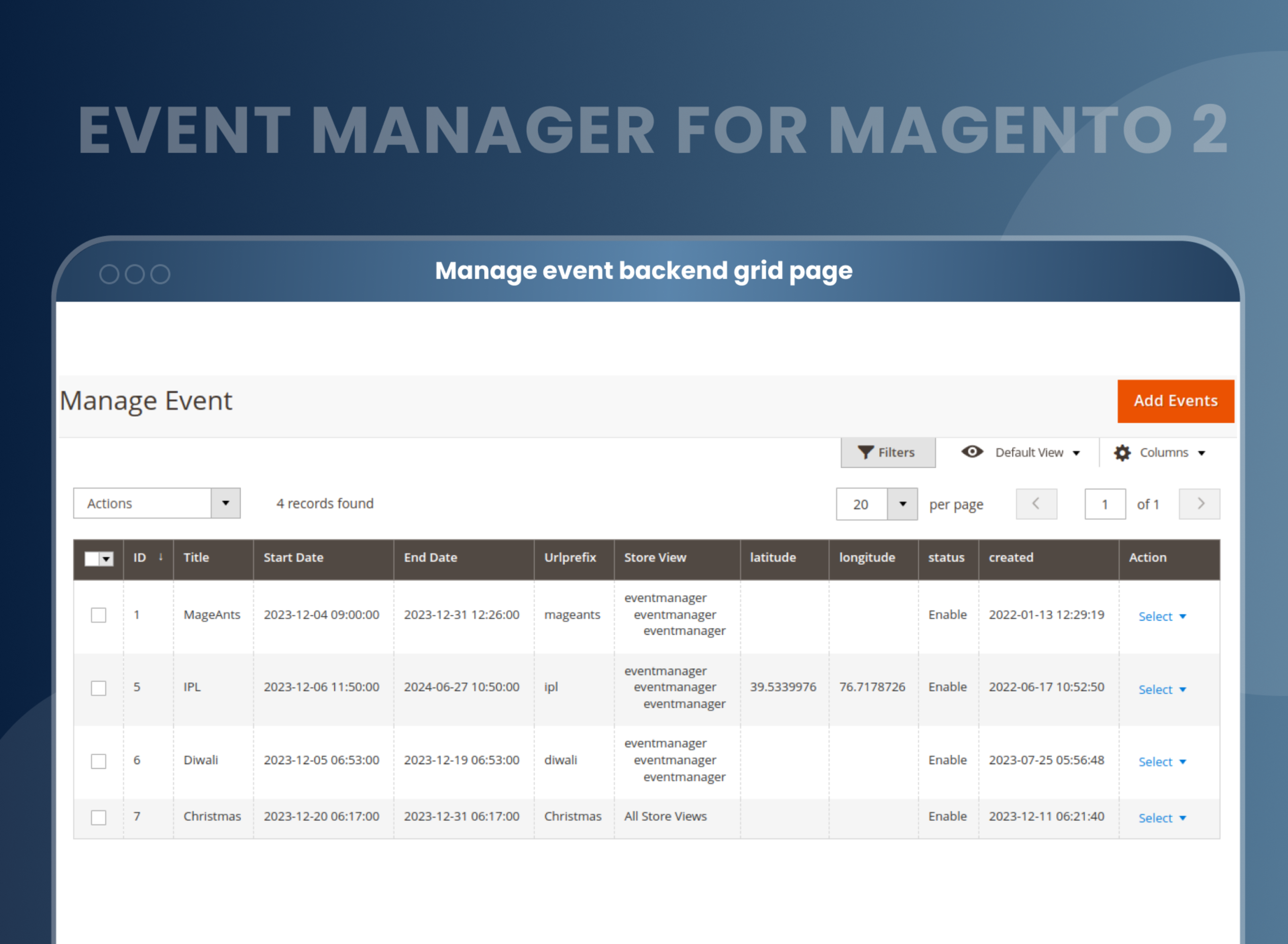 Manage event backend grid page