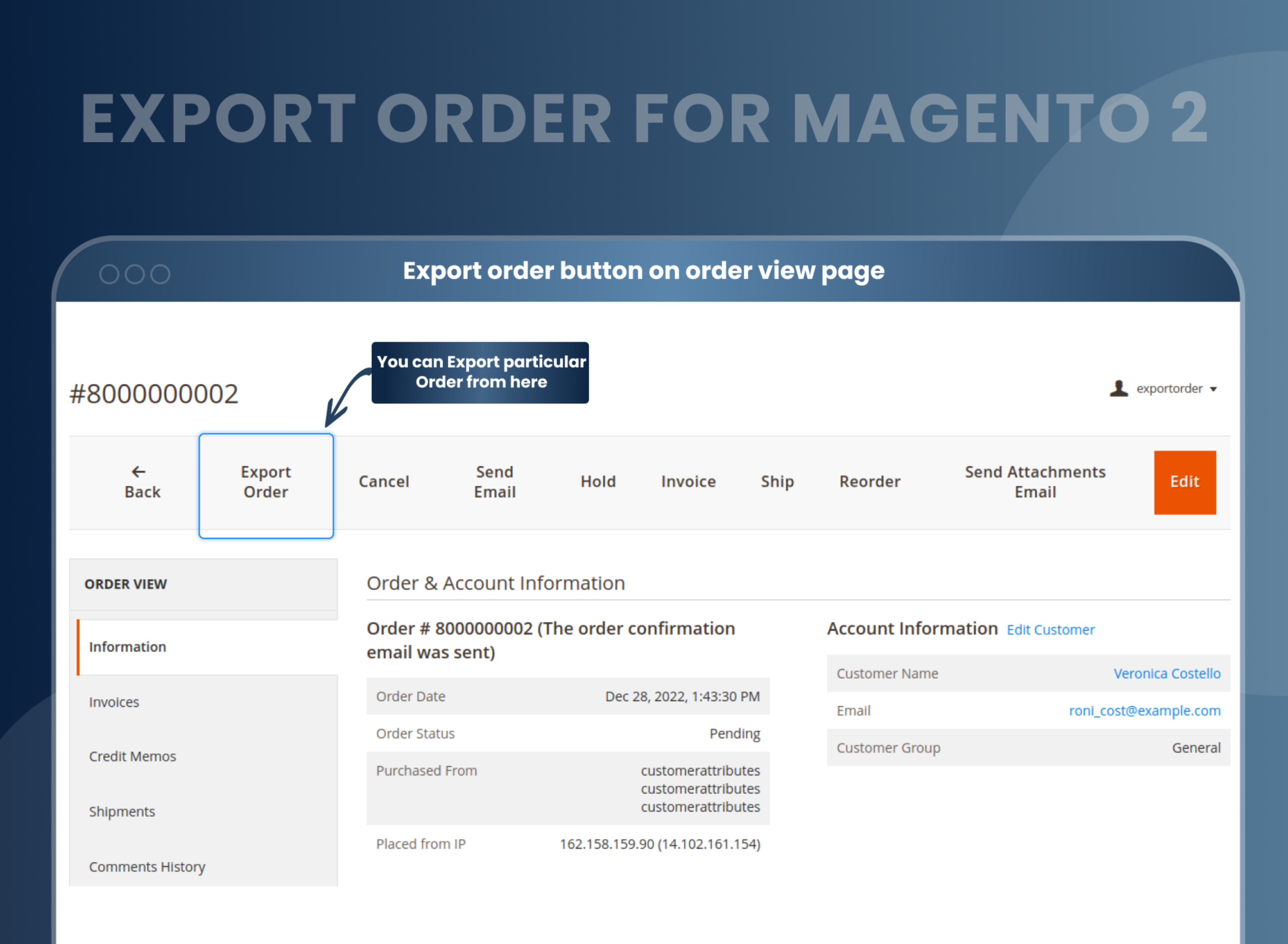 Export order button on order view page