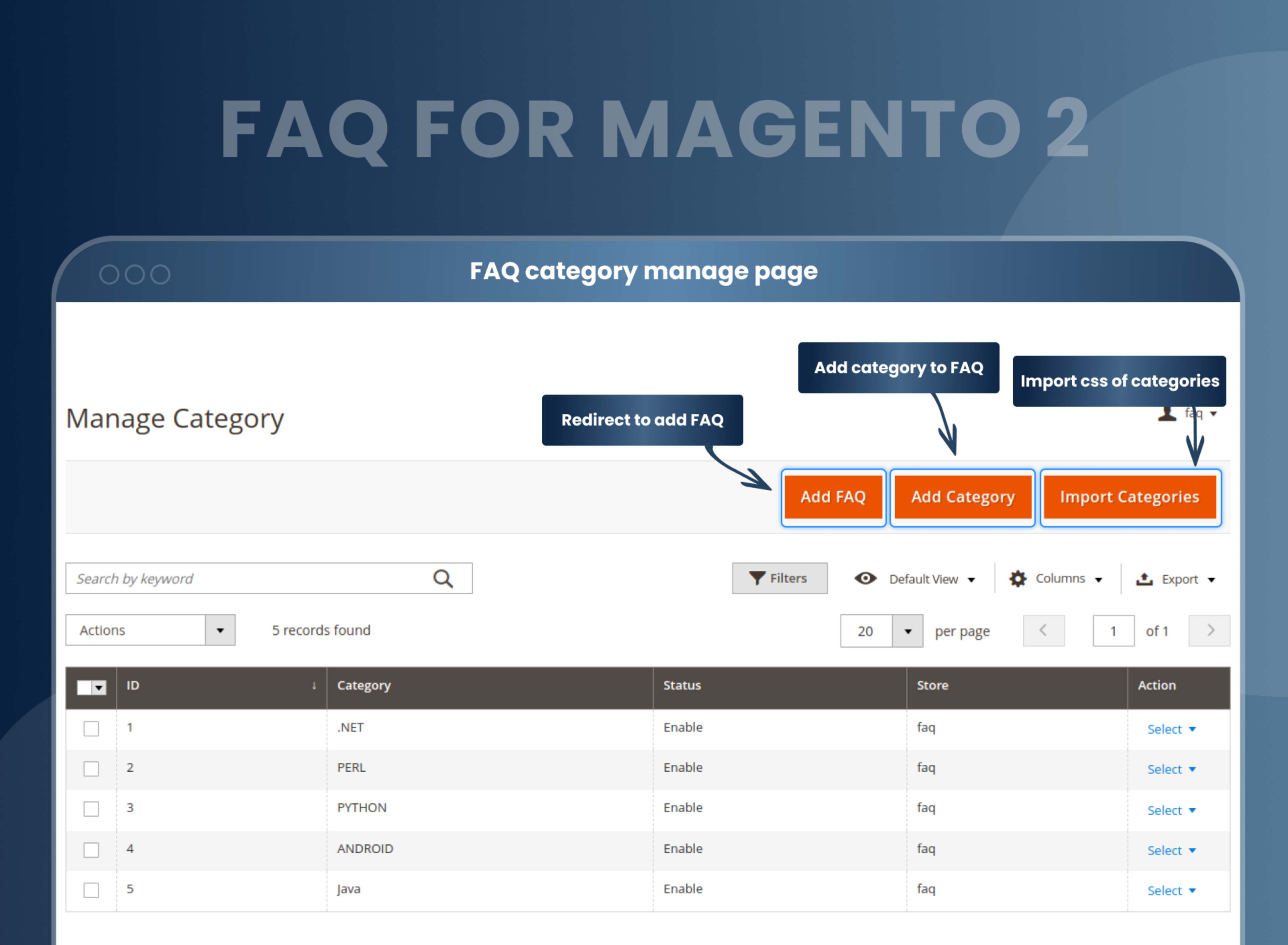 FAQ category manage page
