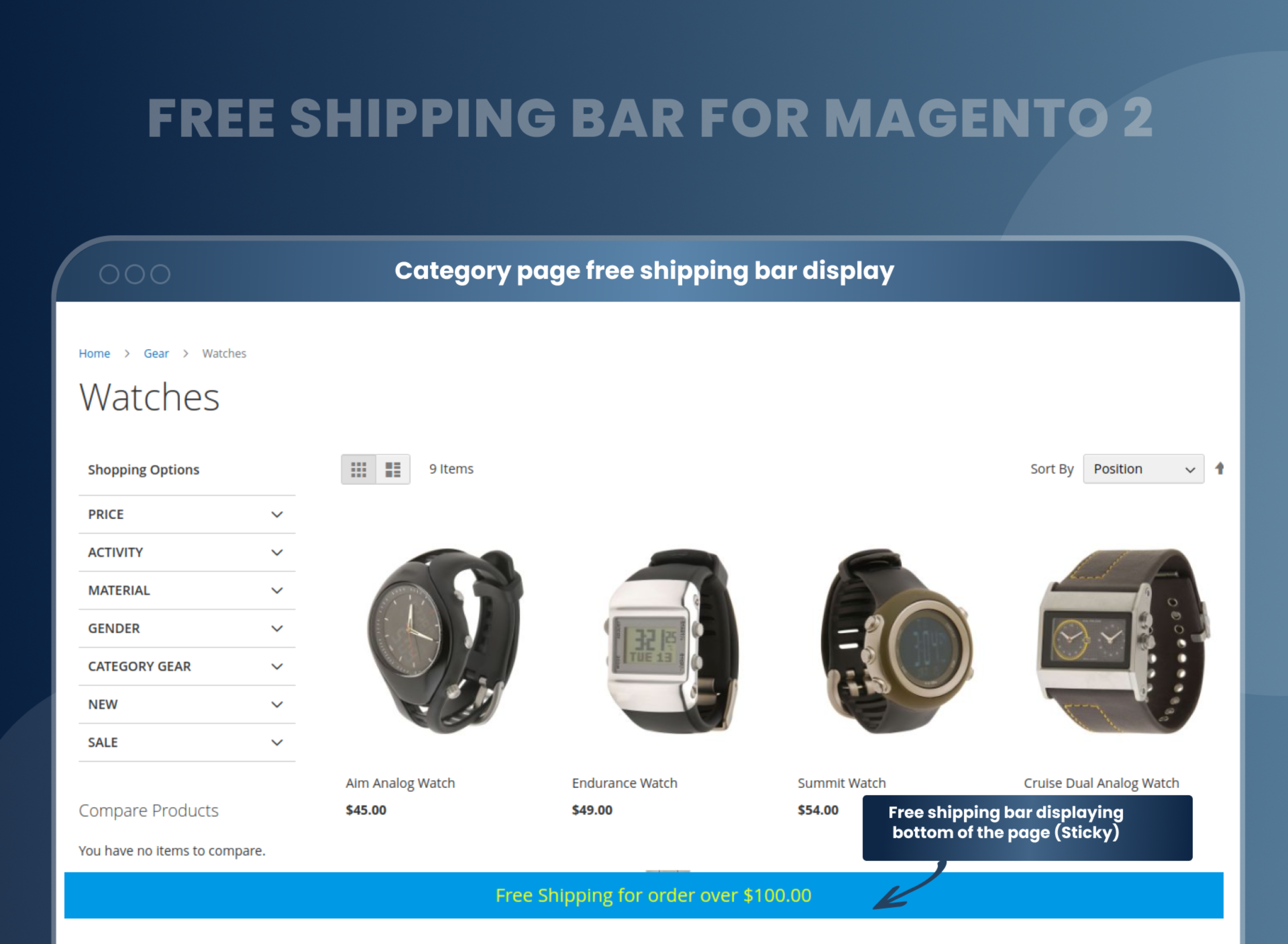 Category page free shipping bar display 