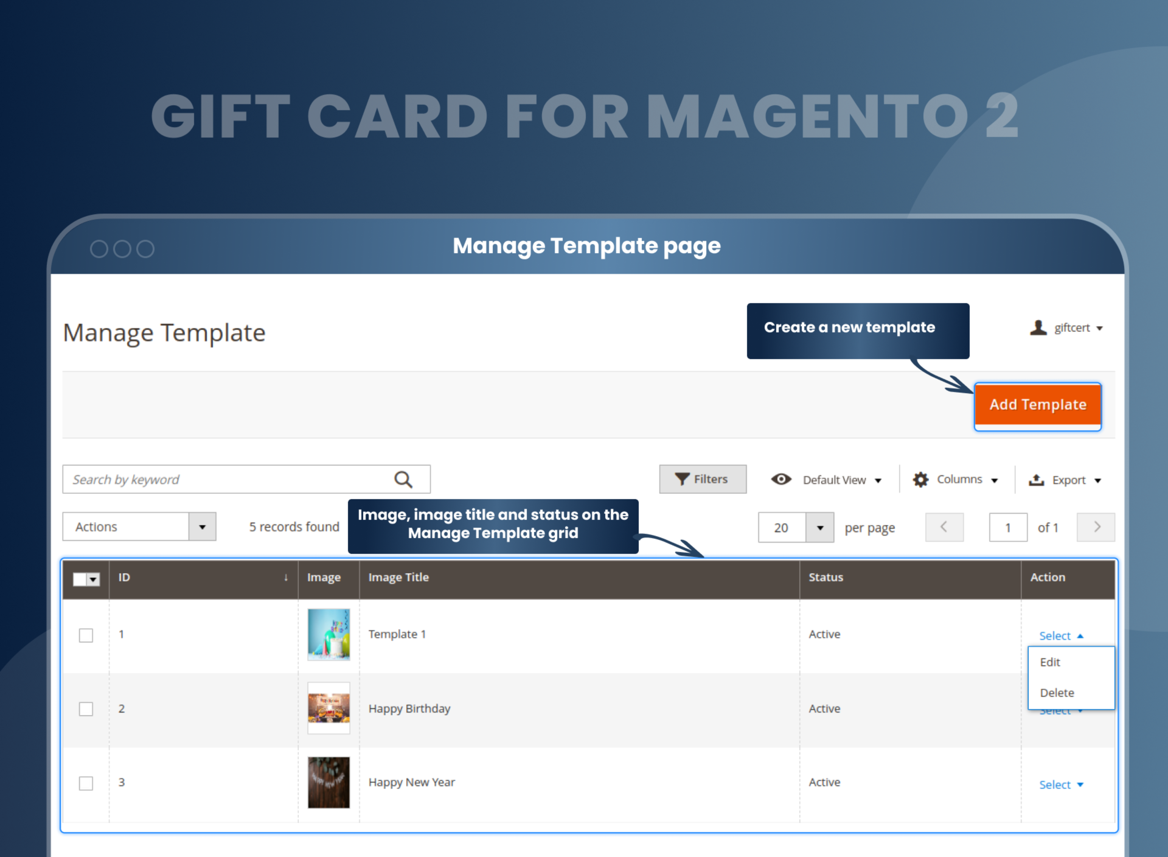 Manage Template page