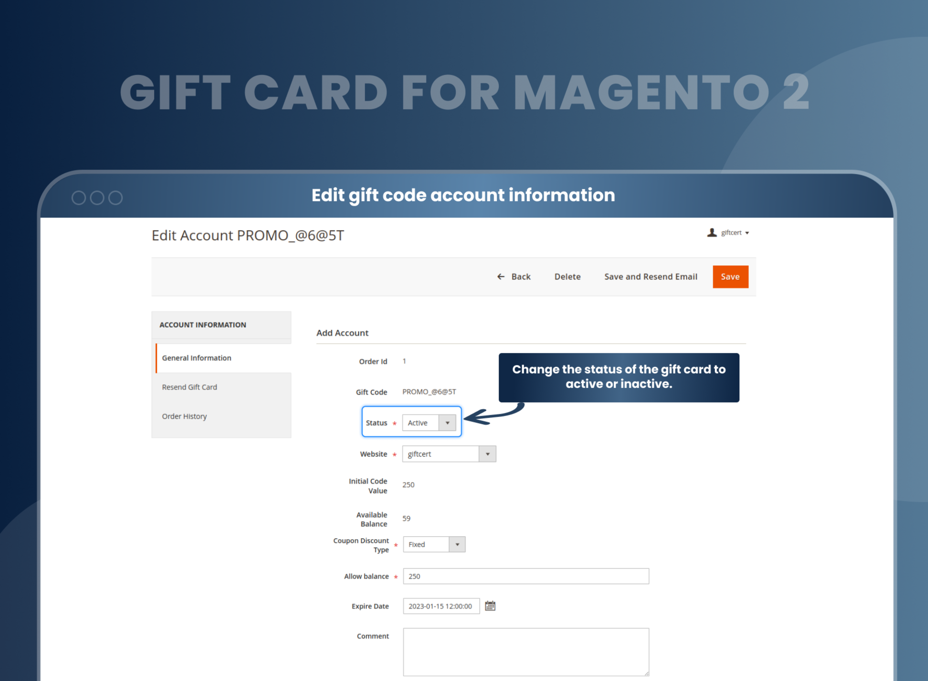 Edit gift code account information