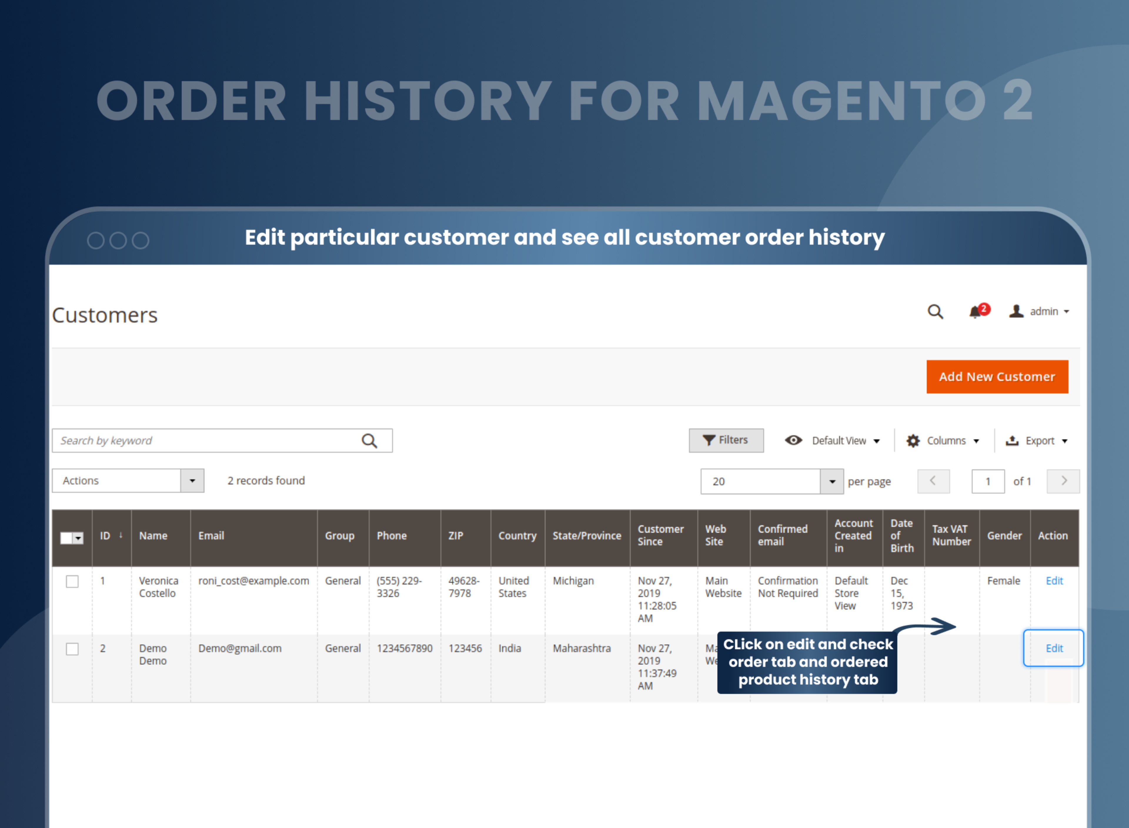 Edit particular customer and see all customer order history