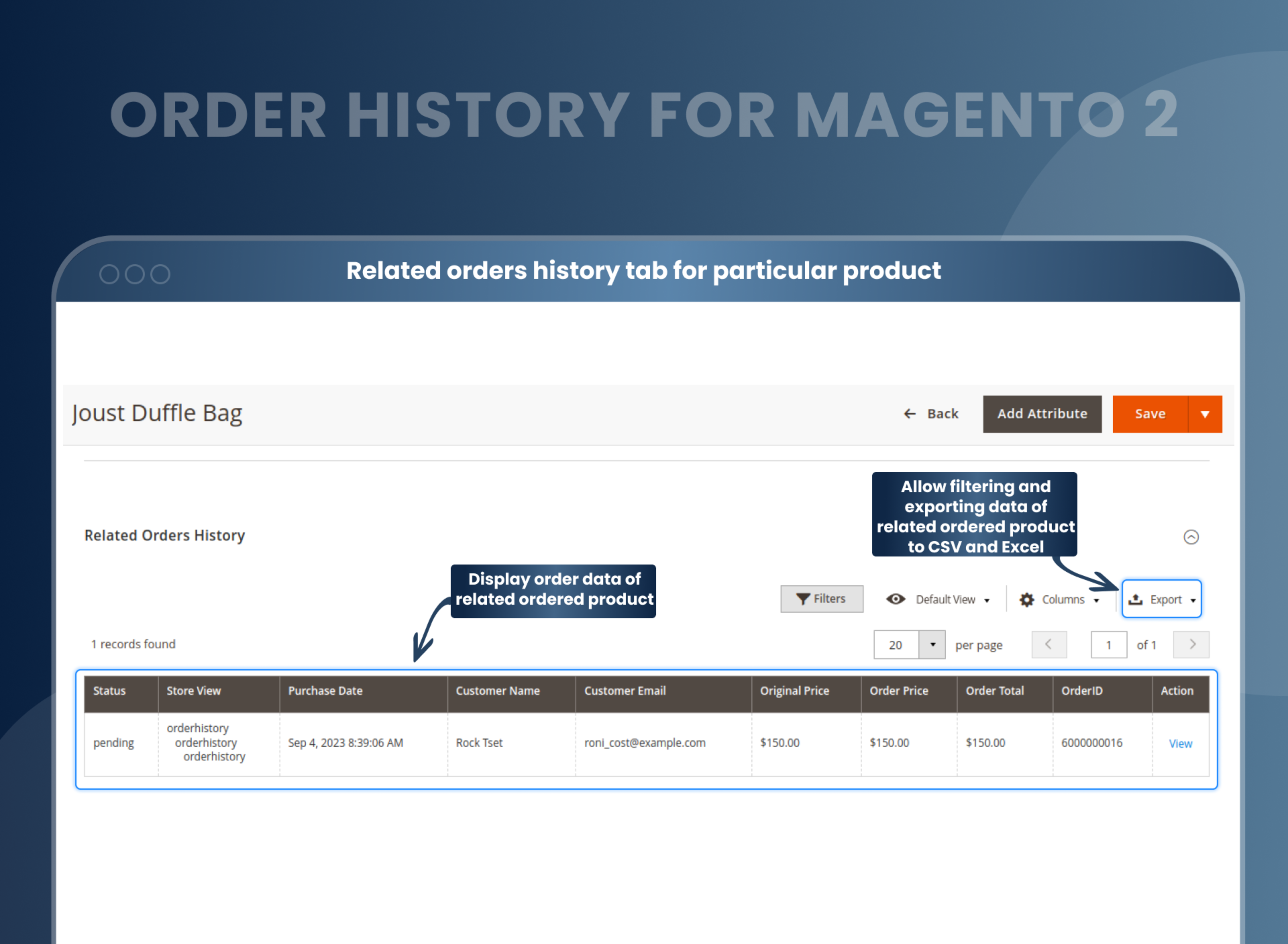 Related orders history tab for particular product