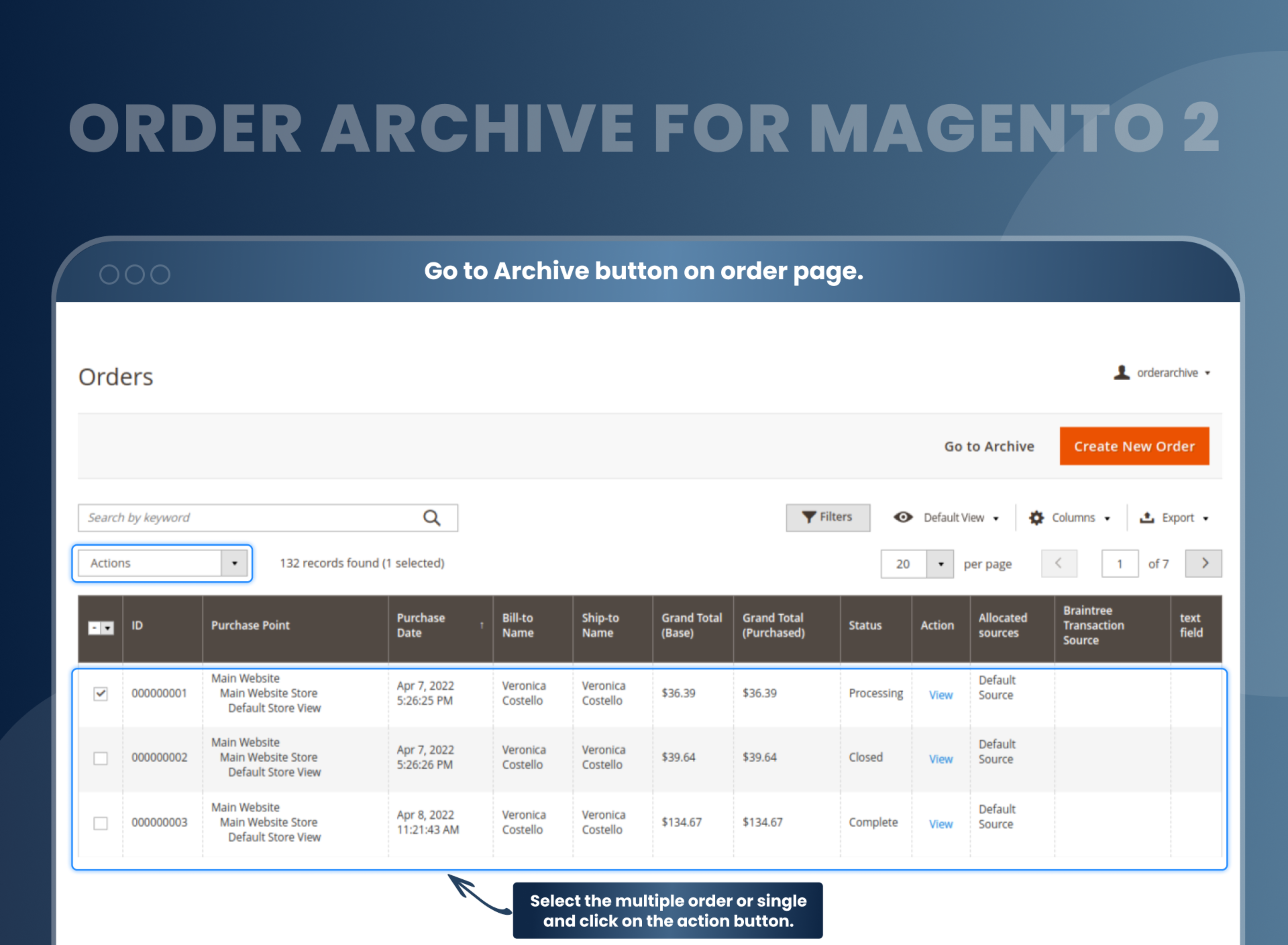 Go to Archive button on order page