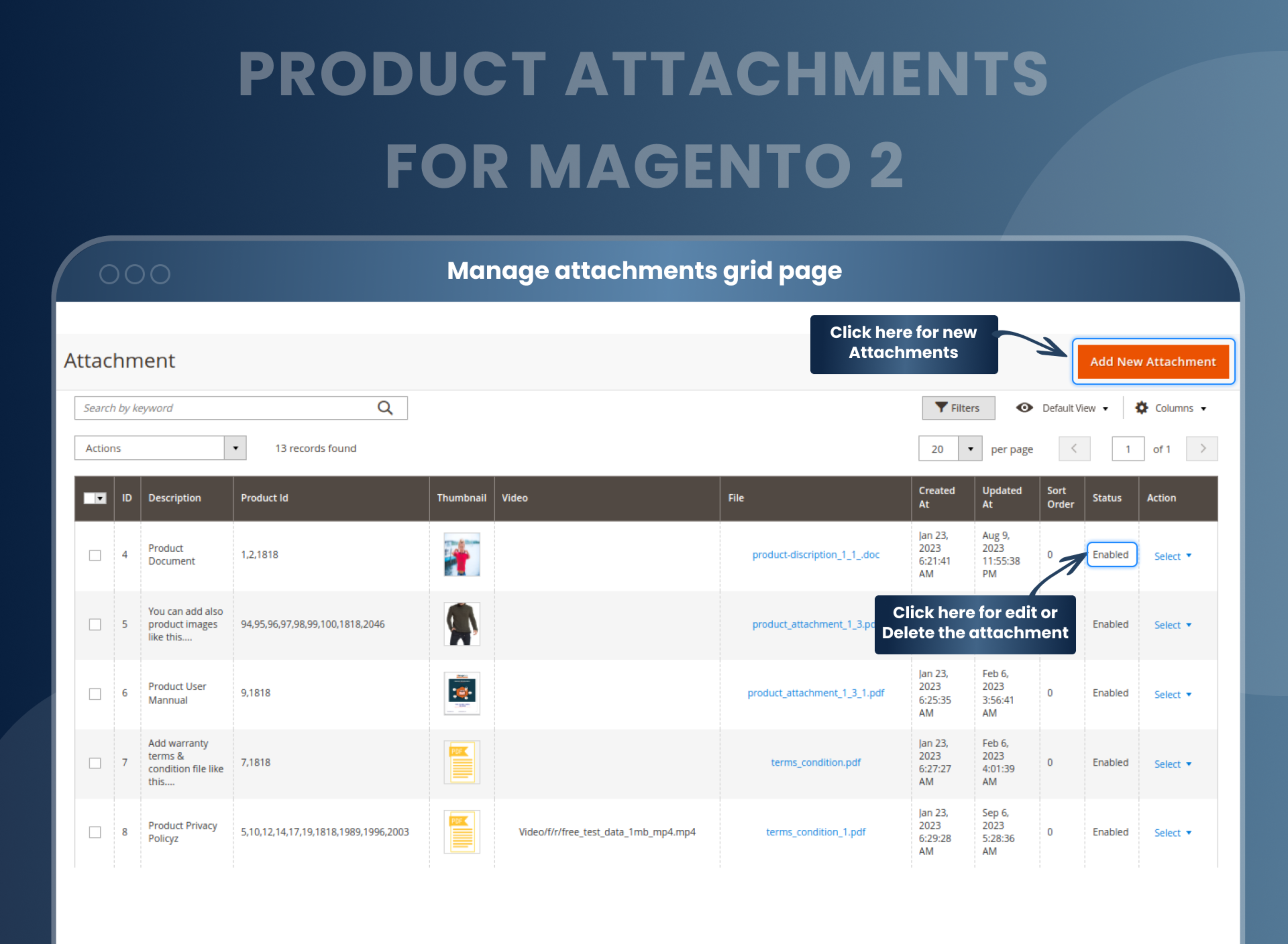 Manage attachments grid page