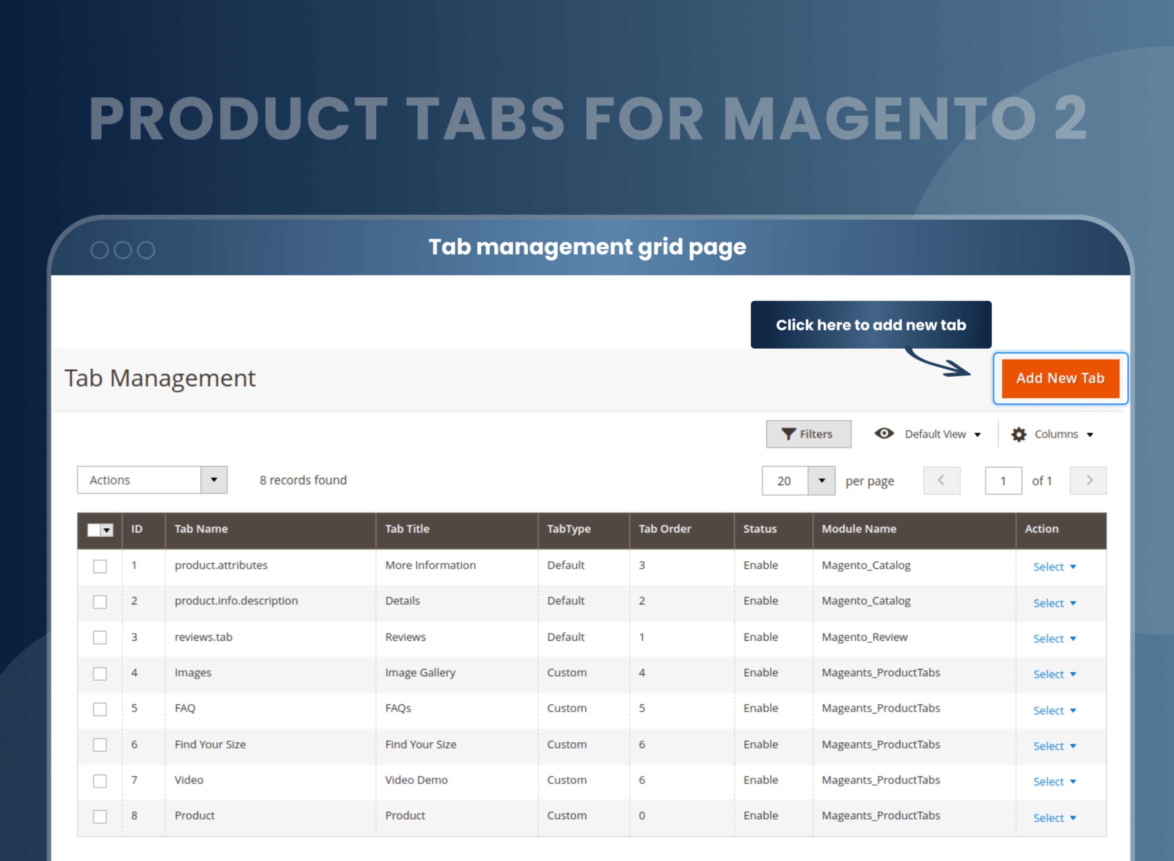 Tab management grid page