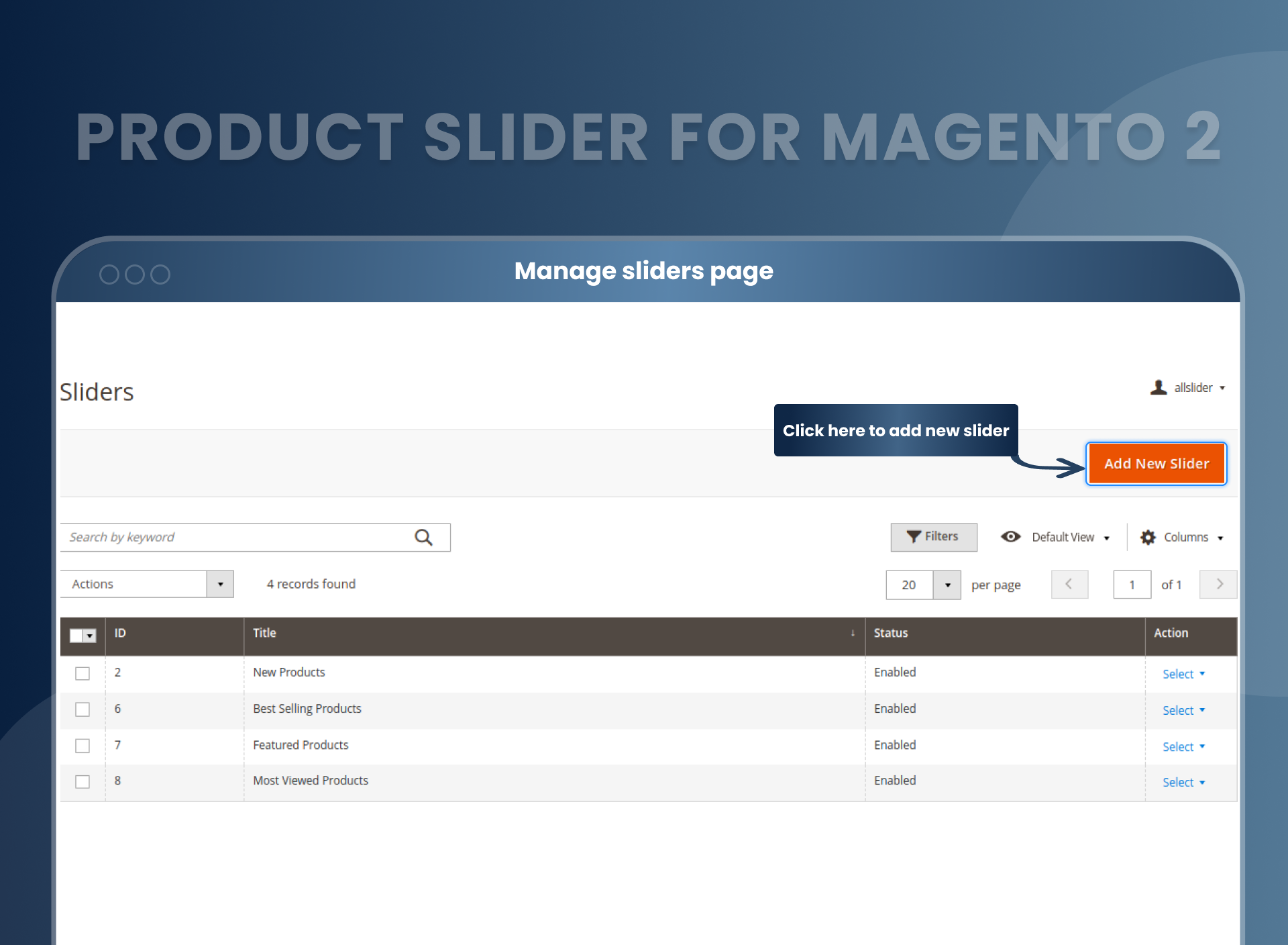 Manage sliders page
