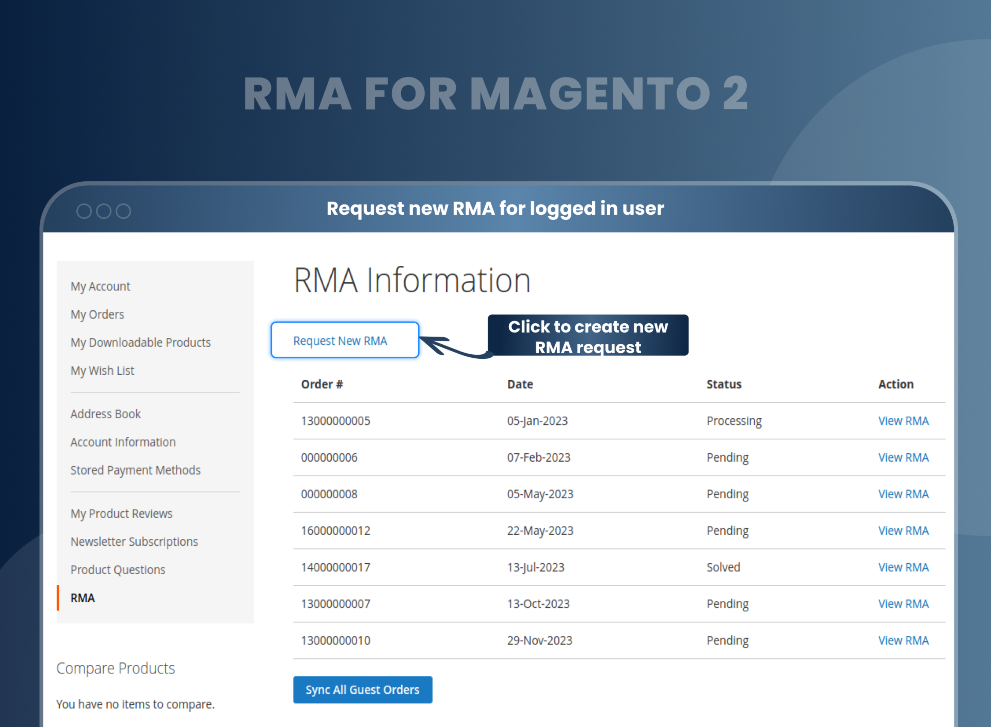 Request new RMA for logged in user
