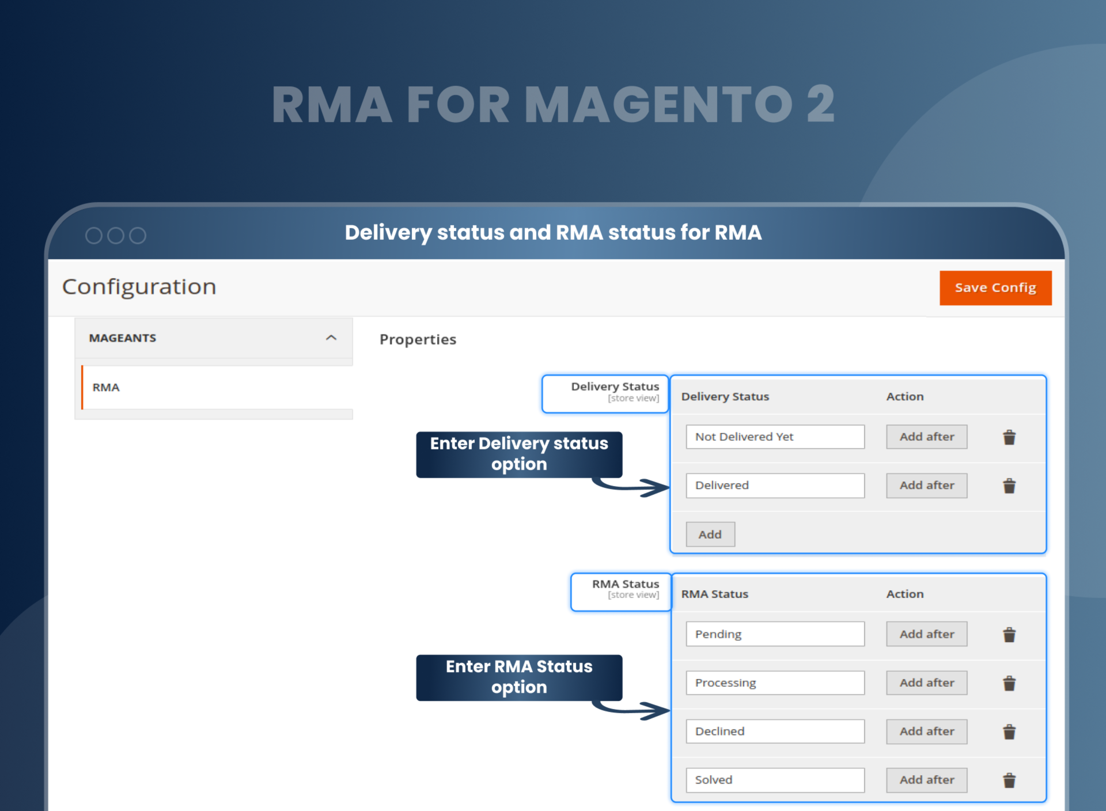 Delivery status and RMA status for RMA