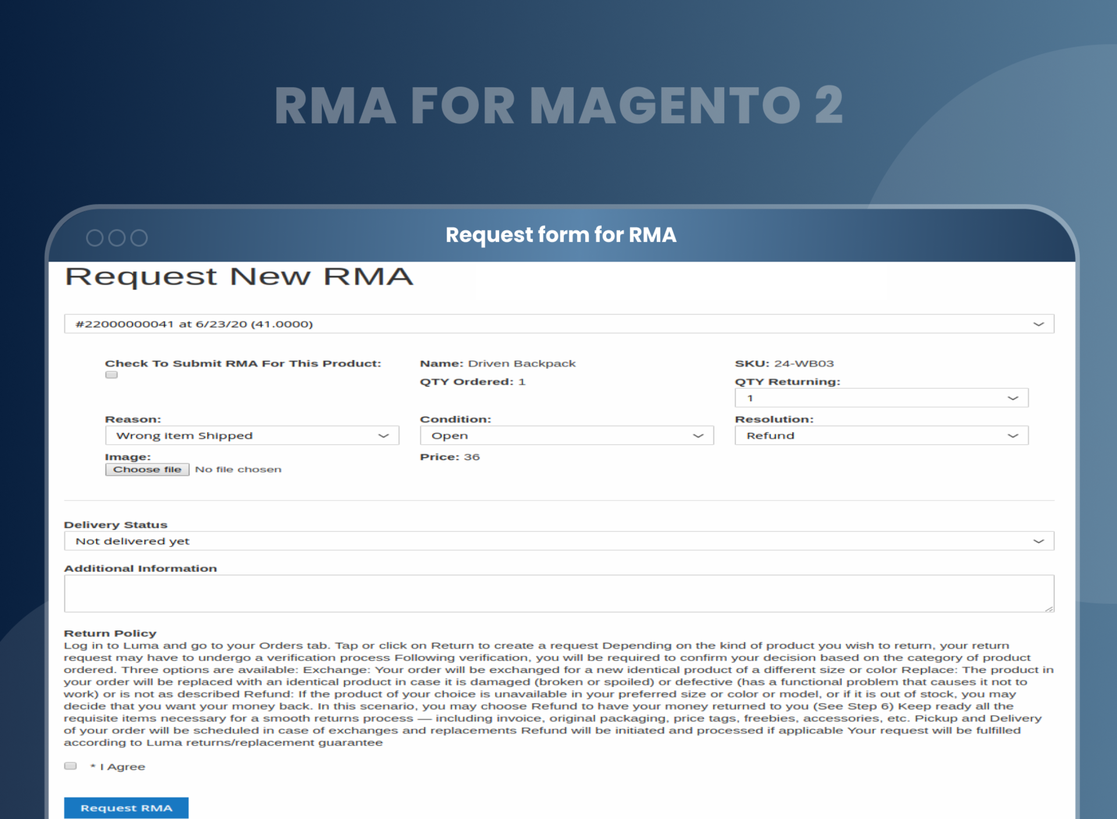 Request form for RMA