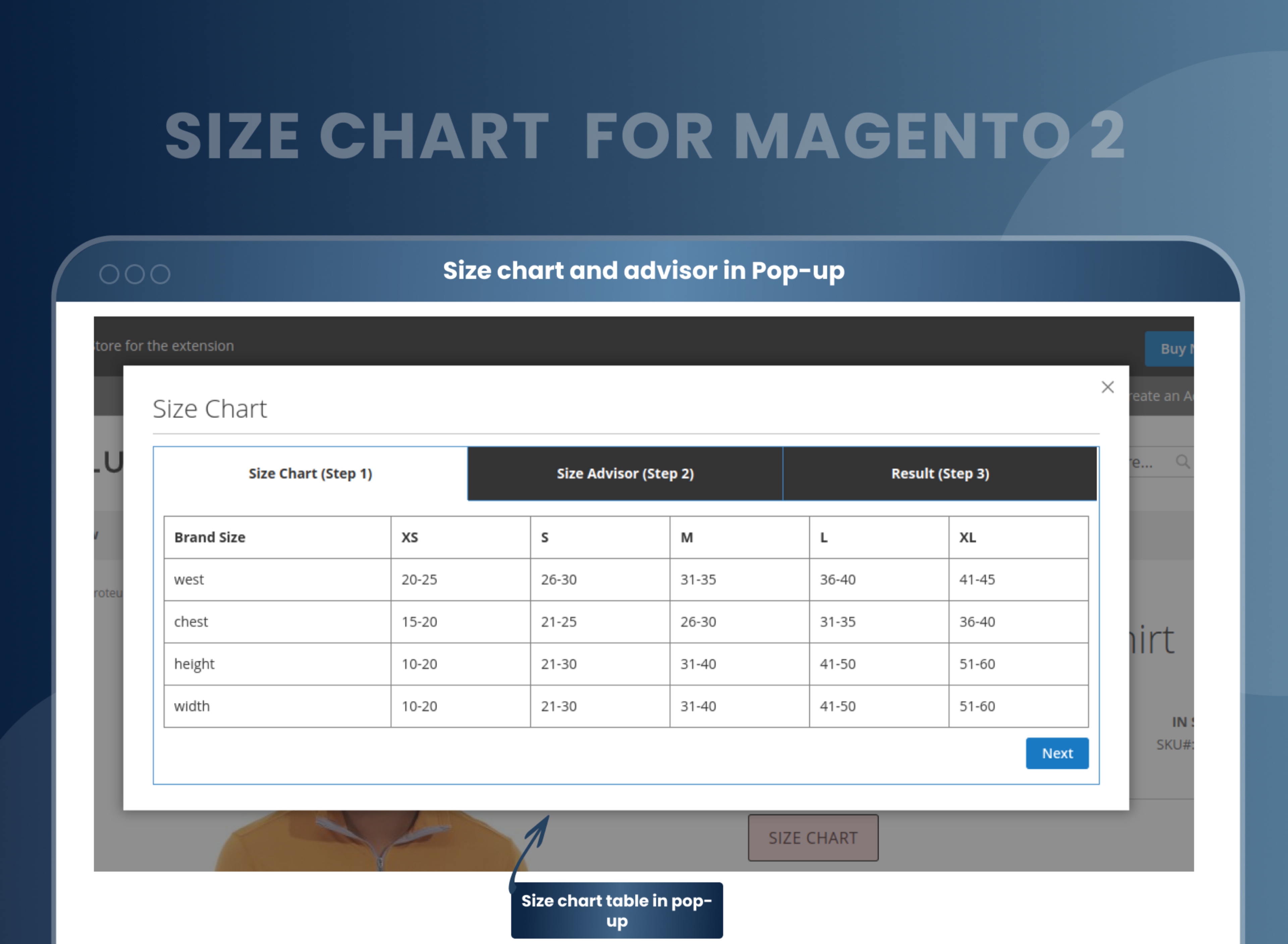 Size chart and advisor in Pop-up