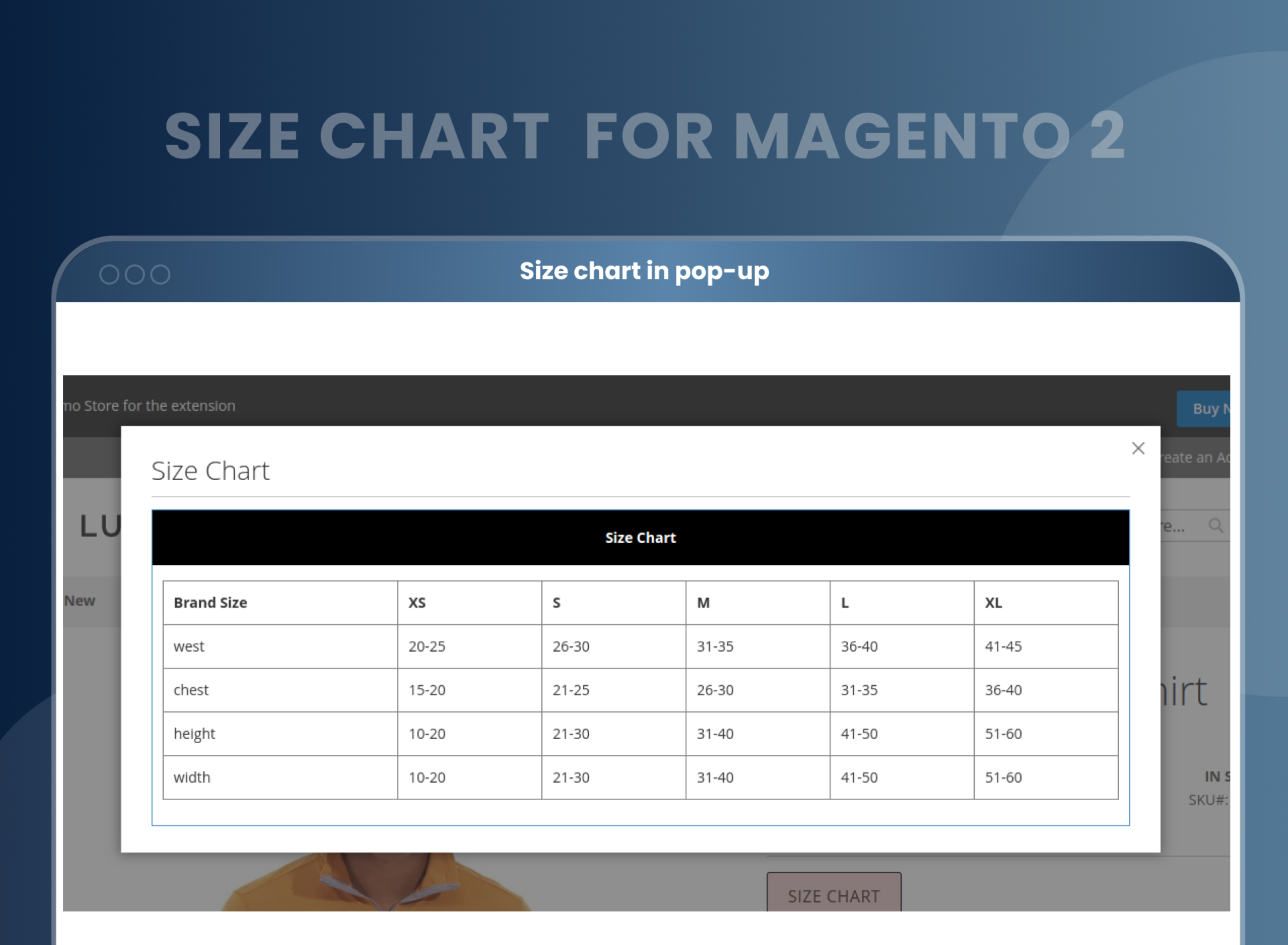 Size chart in pop-up Size chart in pop-up