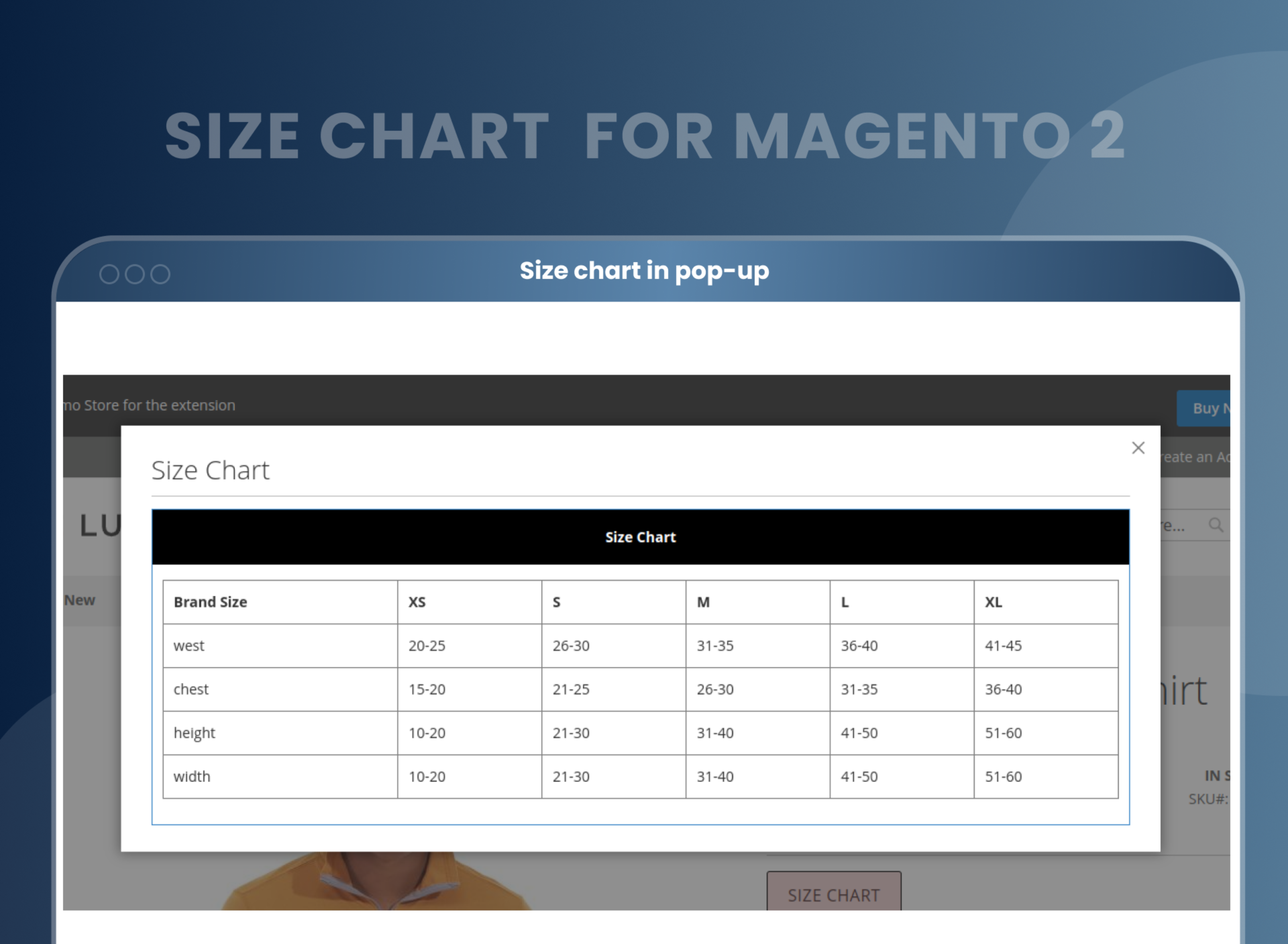  Size chart in pop-up