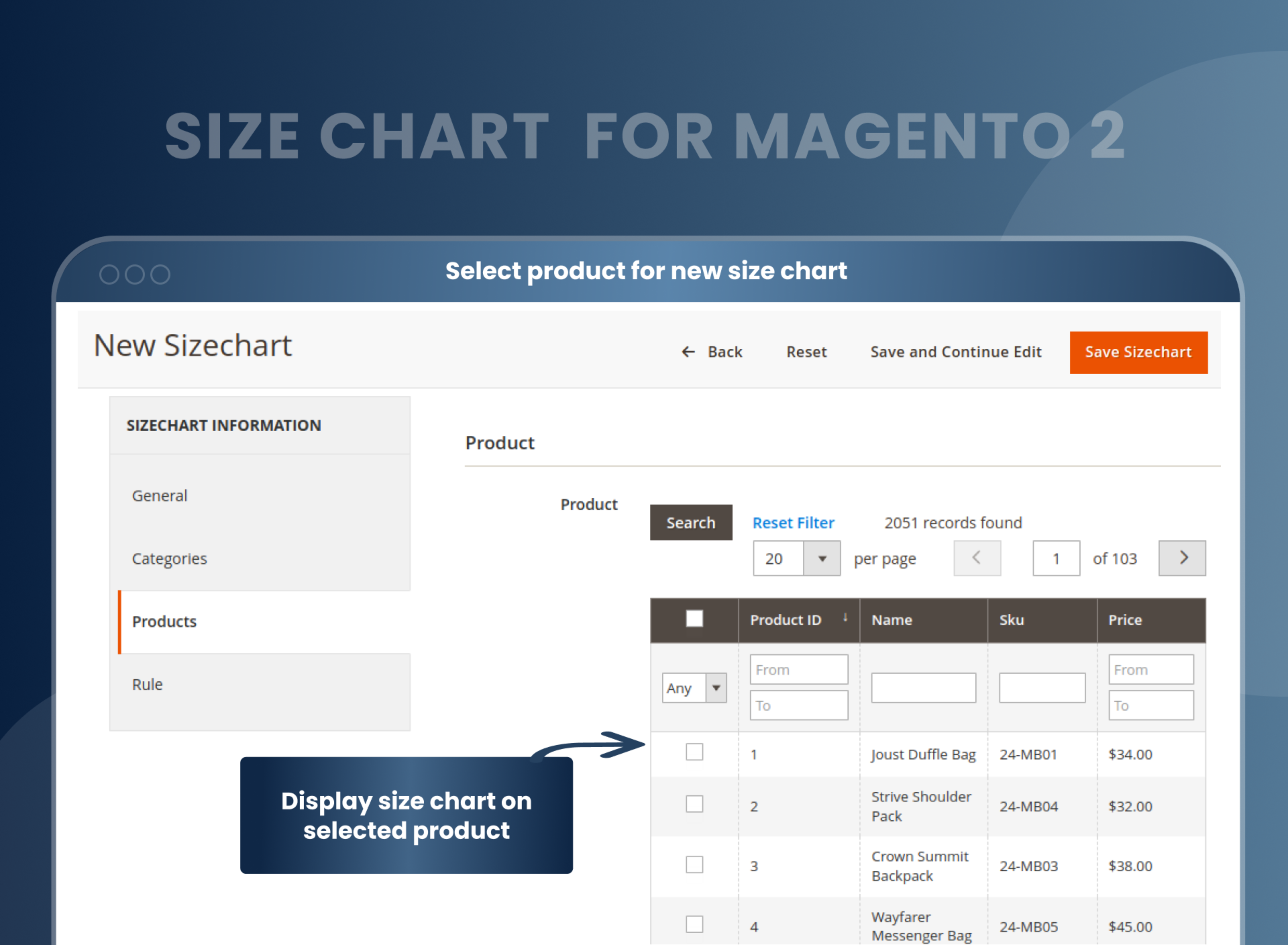 Select product for new Size chart