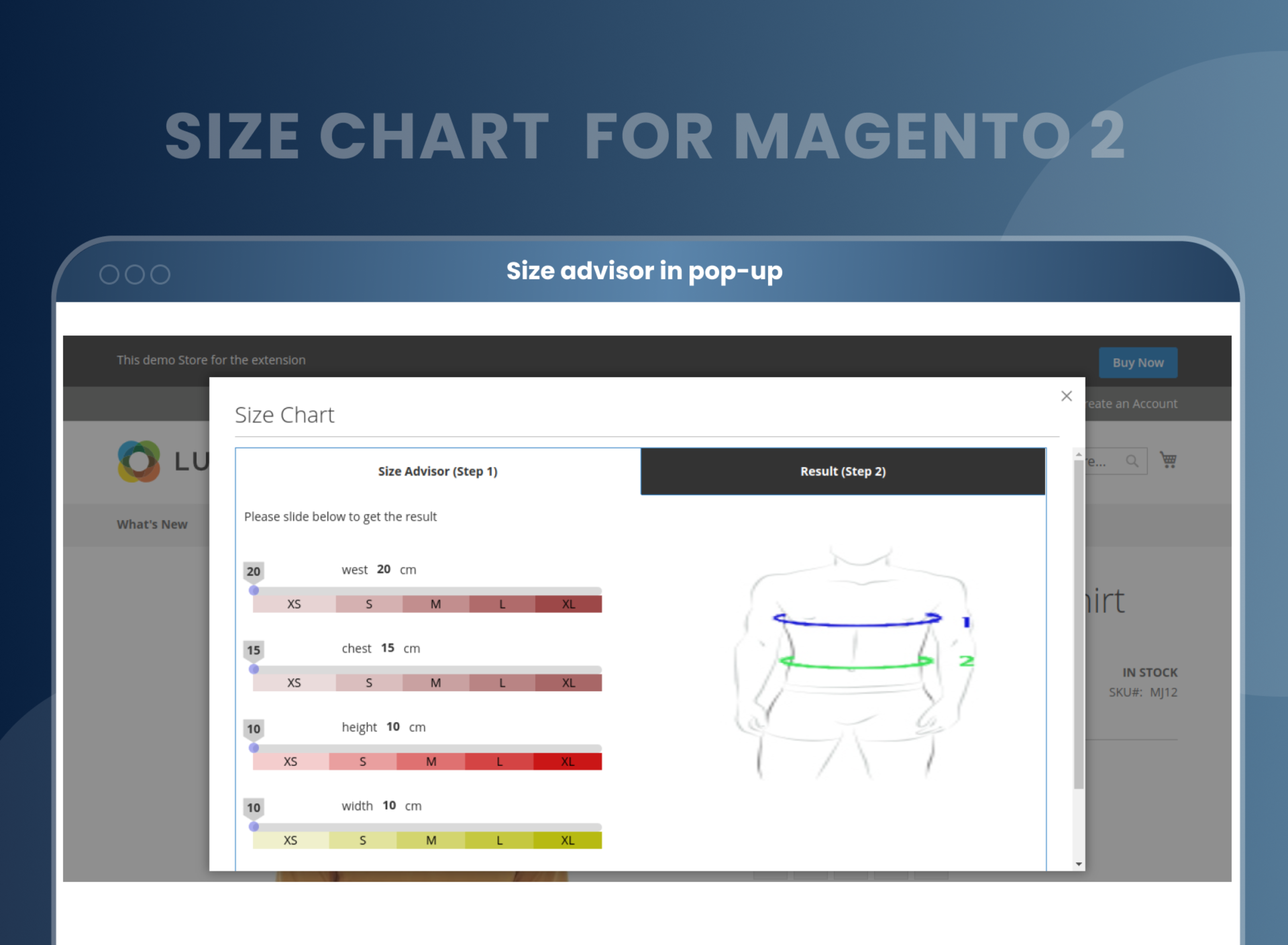Size advisor in pop-up