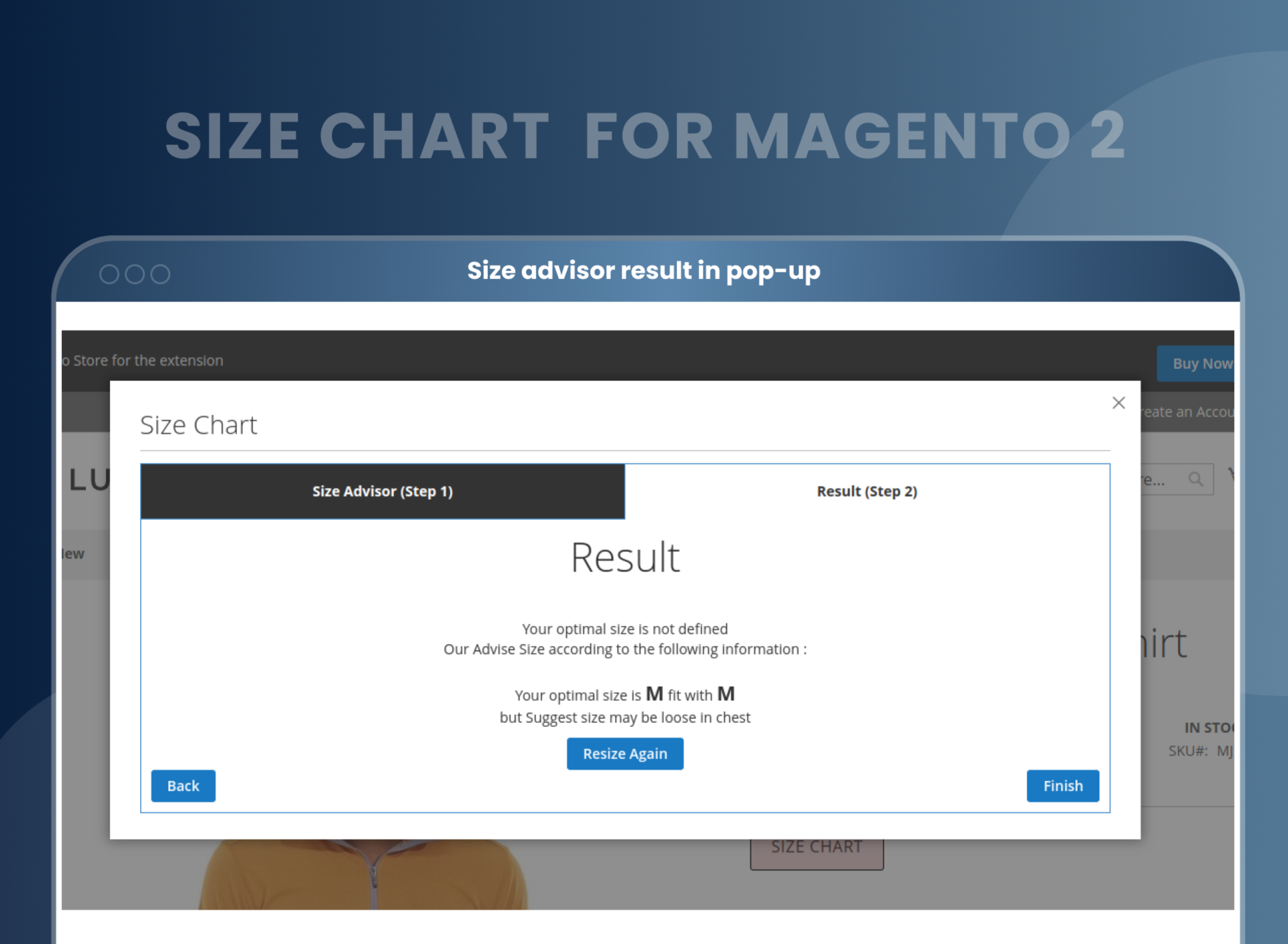 Size advisor result in pop-up
