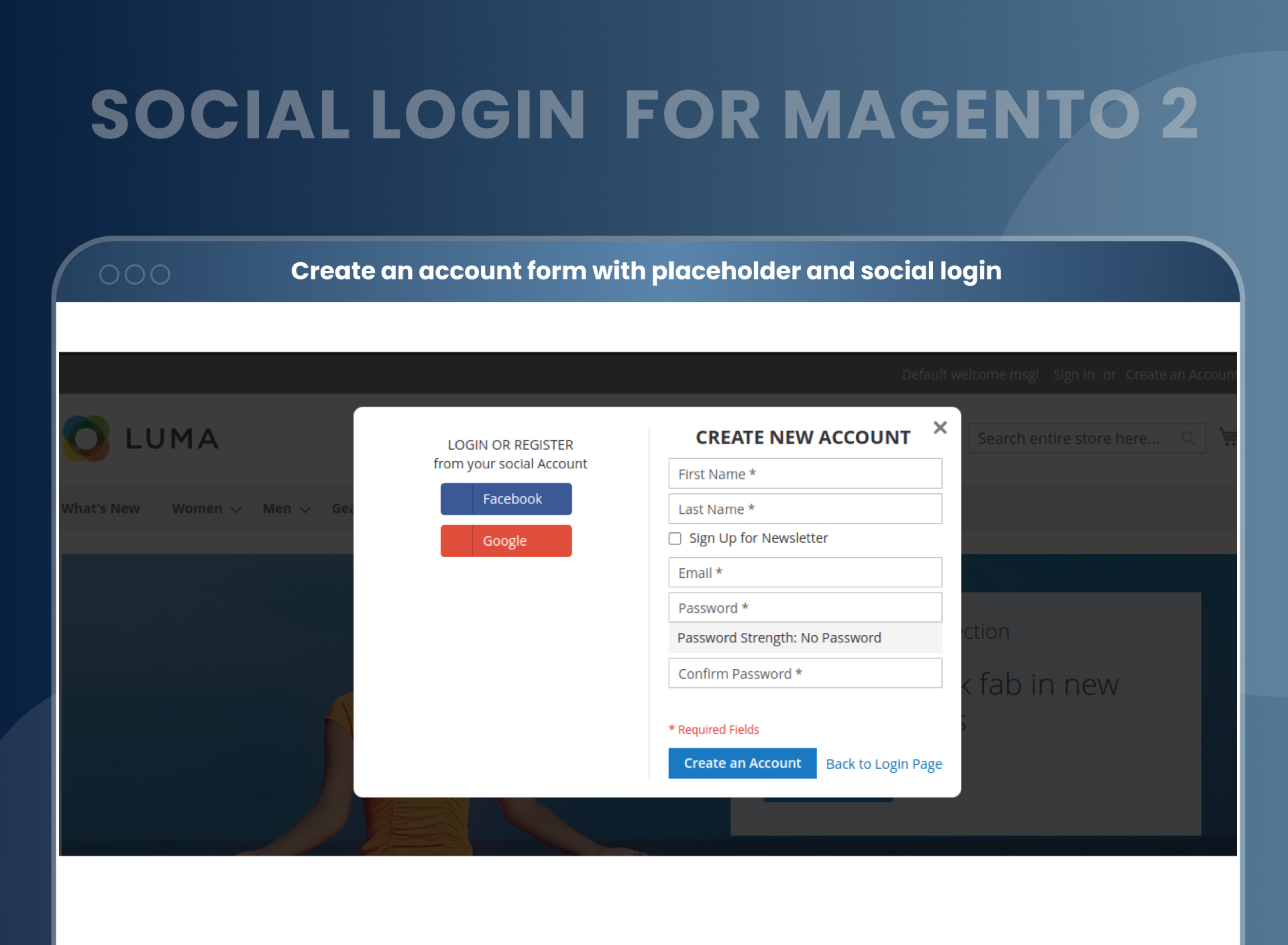  Create an account form with placeholder and social login
