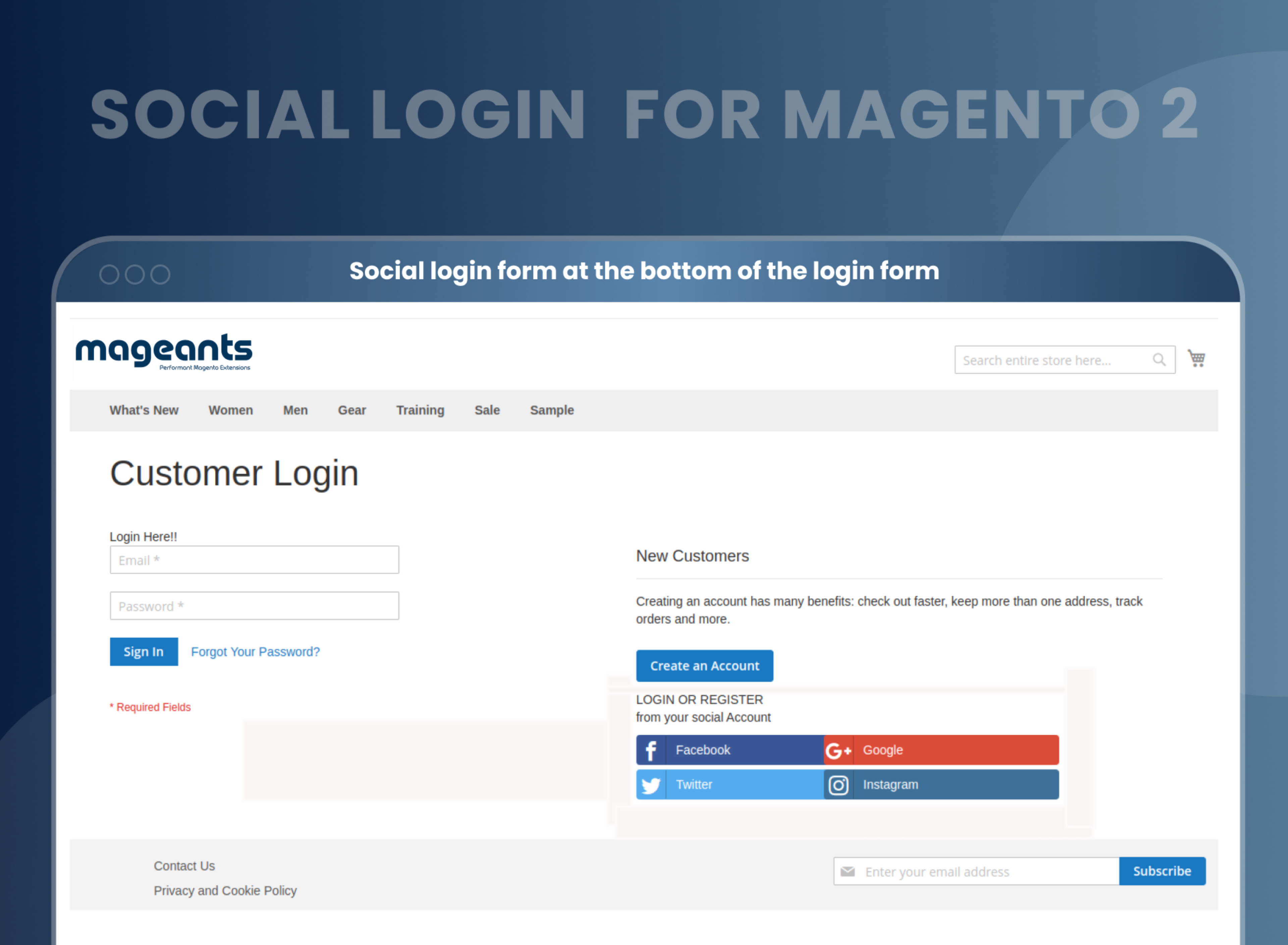 Social login form at the bottom of the login form