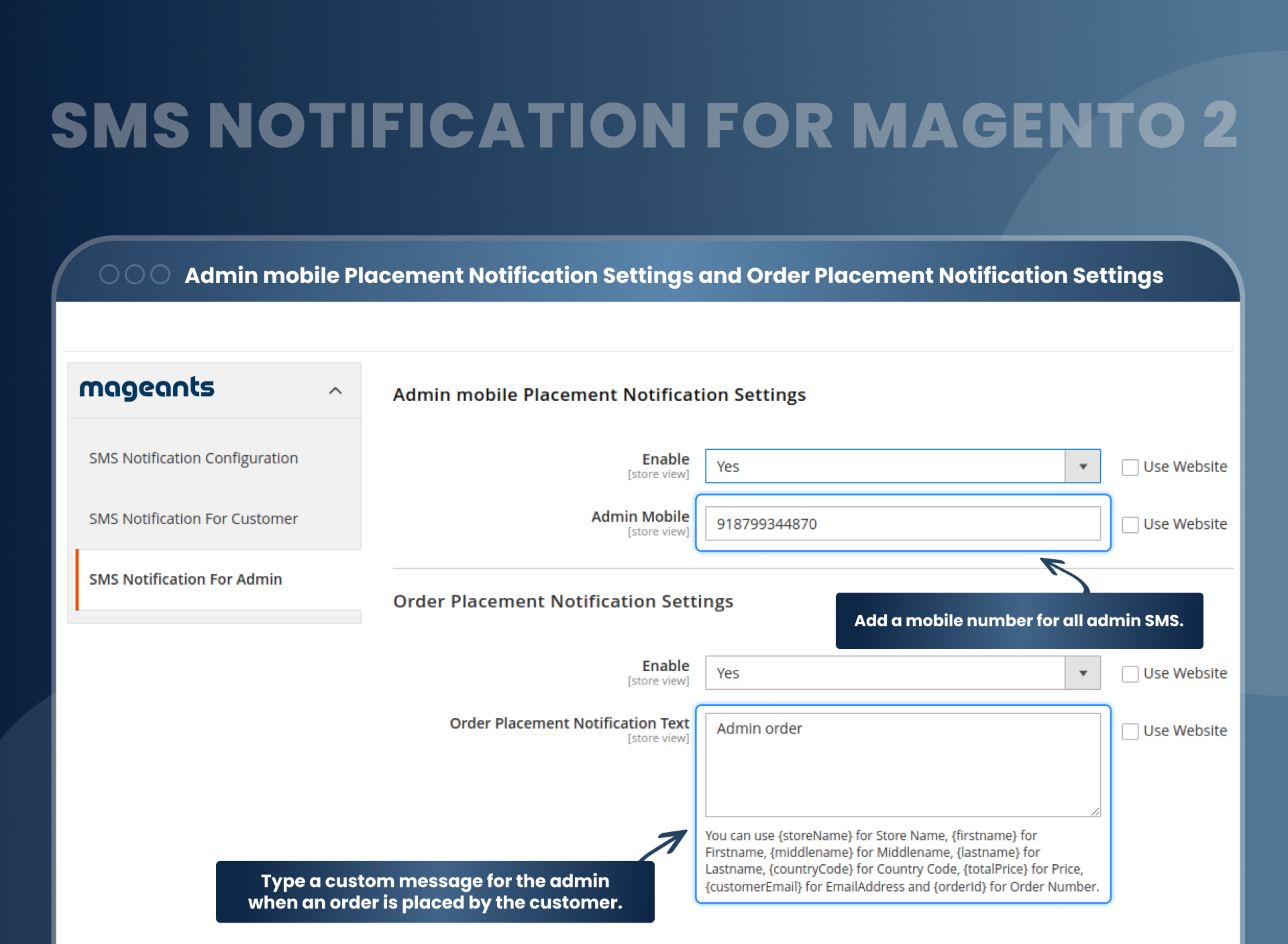 Admin mobile Placement Notification Settings and Order Placement Notification Settings