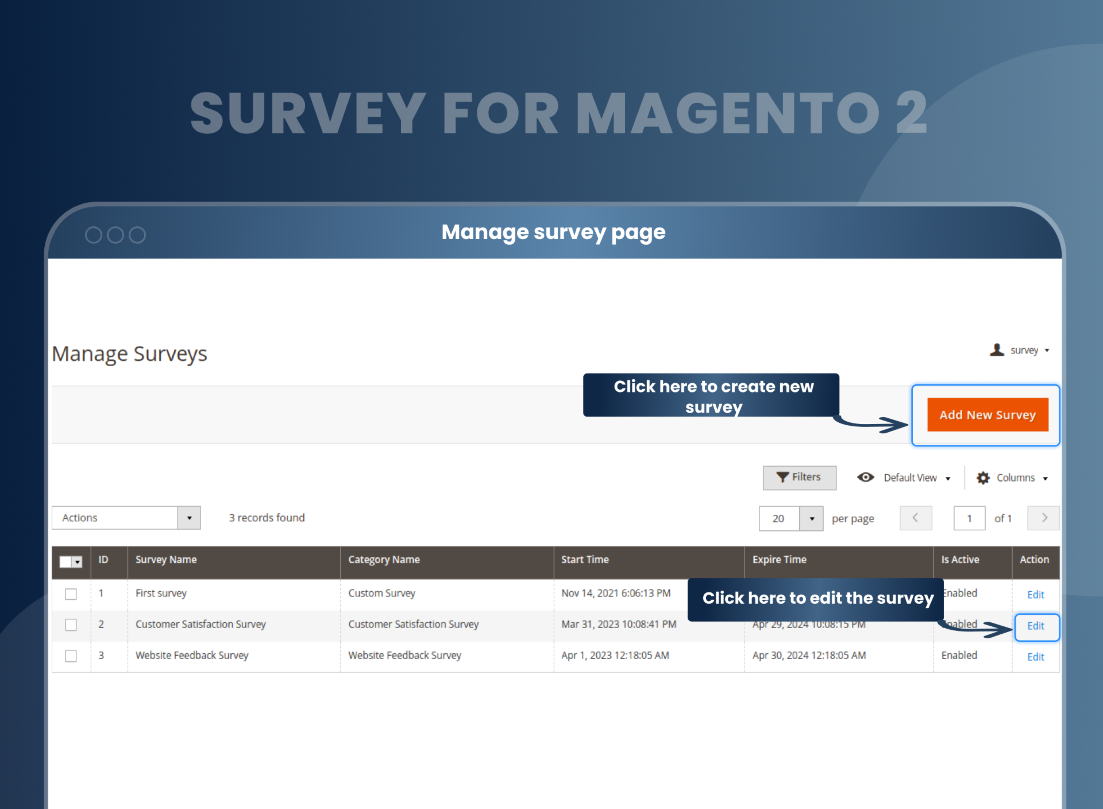 Manage survey page