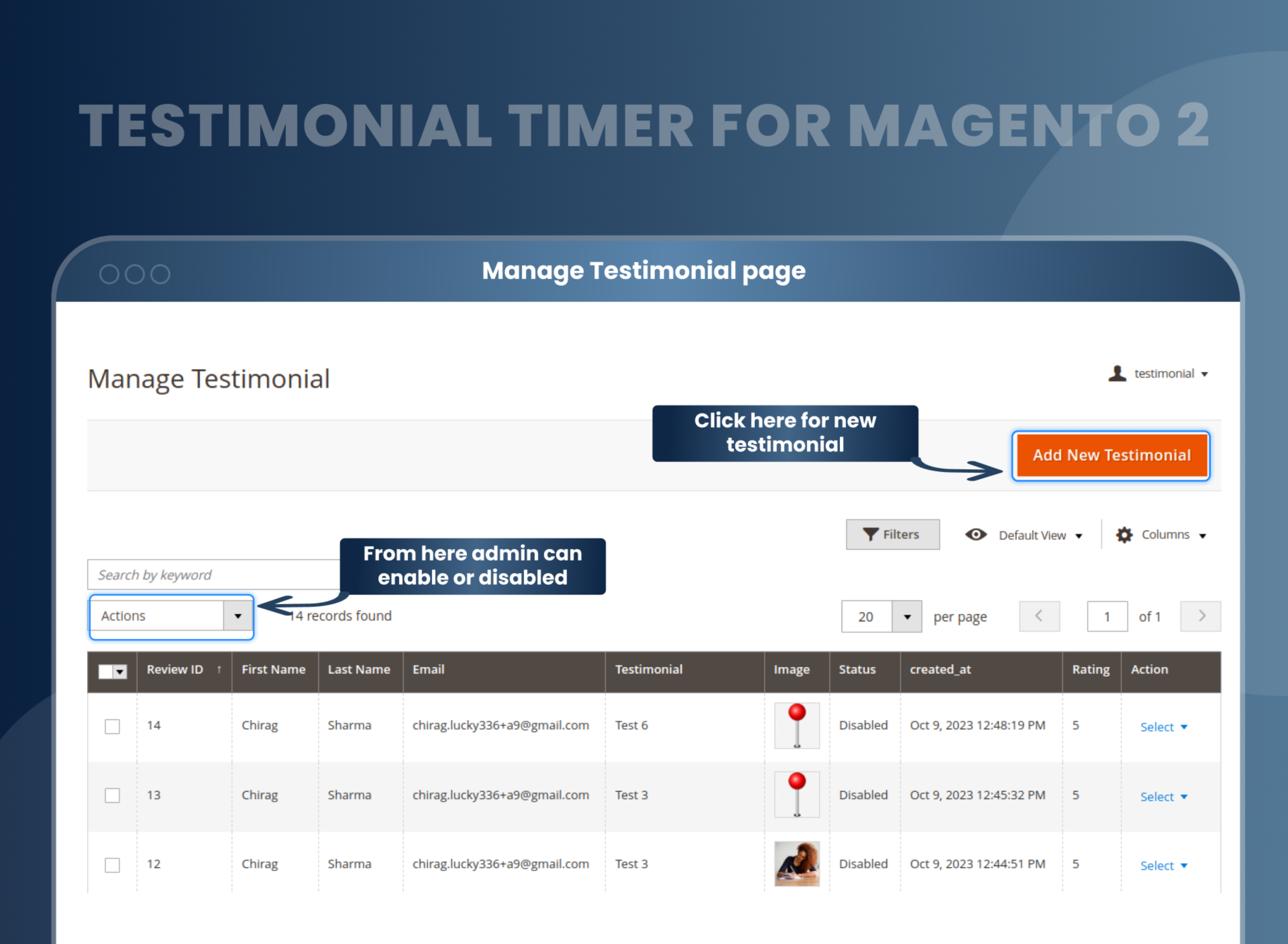 Manage Testimonial page